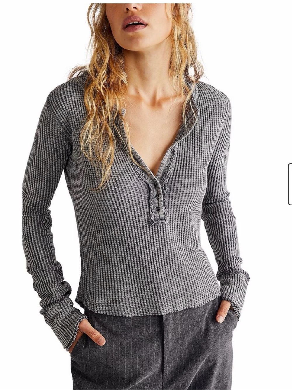 Free People One Colt Thermal Washed Charcoal Gray Henley